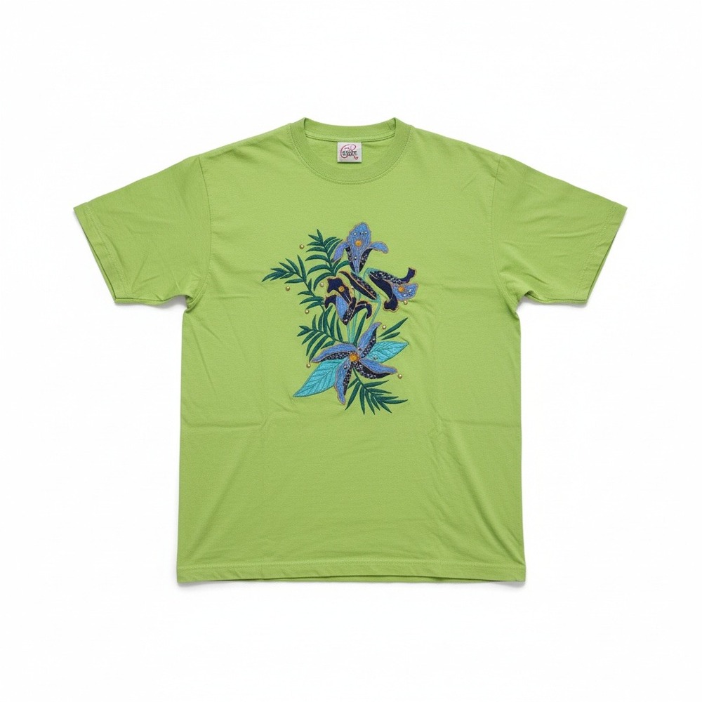 Rinzi Lime Green Embroidered Floral Beaded Cotton T-Shirt, Woman's Medium Top